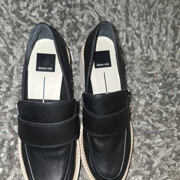 Dolce Vita Black Leather Loafers with Cream Lug Platform - Picture 4 of 5